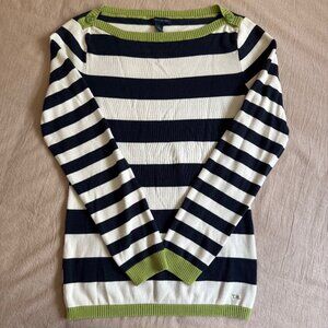 Tommy Hilfiger‎ Nautical Striped Lime Green Trim Sweater Size M